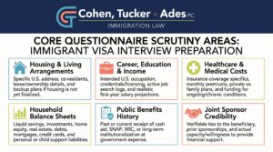 An infographic by immigration law firm Cohen, Tucker + Ades outlining six core immigrant visa interview scrutiny areas: Housing & Living Arrangements, Career & Income, Healthcare & Medical Costs, Household Balance Sheets, Public Benefits History, and Joint Sponsor Credibility.